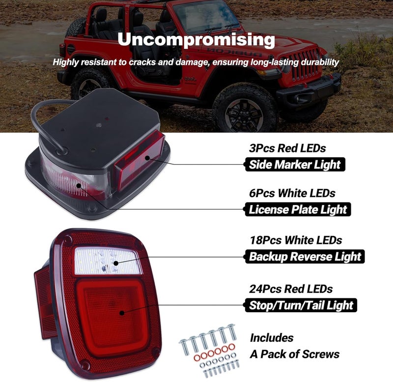 XtraGlow Halo Tail Lights Assembly Square Rear Combination Tail Lamps with Passenger and Driver Side Marker Stop Turn Signal Brake Lights Replacement for 1979-2006 Wrangler TJ YJ CJ5 CJ7 Red, 2Pcs - Image 3